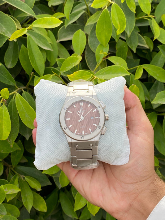Hublot-Inspired Brown Dial with Silver Chain Watch